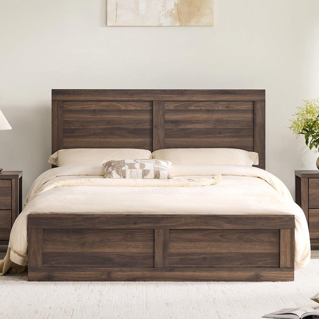 KISLOT Wood Bed Frame with Headboard and Footboard, Wooden Platform Mattress Foundation with Silent Slat Support Noise-Free No Box Spring Needed Easy Assembly