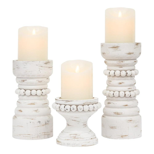 MODE HOME Rustic White Wood Candle Holders Set of 3, Farmhouse Beaded Wood Pillar Candle Holder, Candle Holders for Pillar Candles & Candlesticks, Candle Sticks Holder Decor for Table Centerpiece