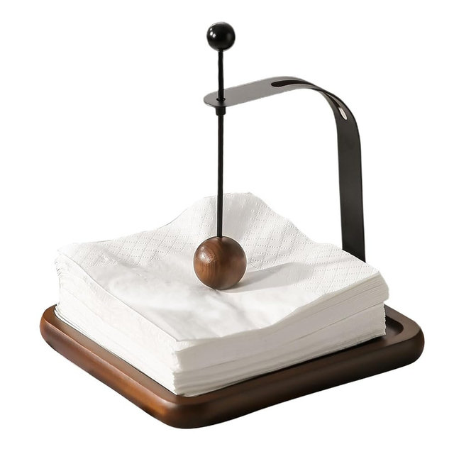 Napkin Holder with Wooden Base and Black Metal Frame, Modern Style for Dining Table (square)