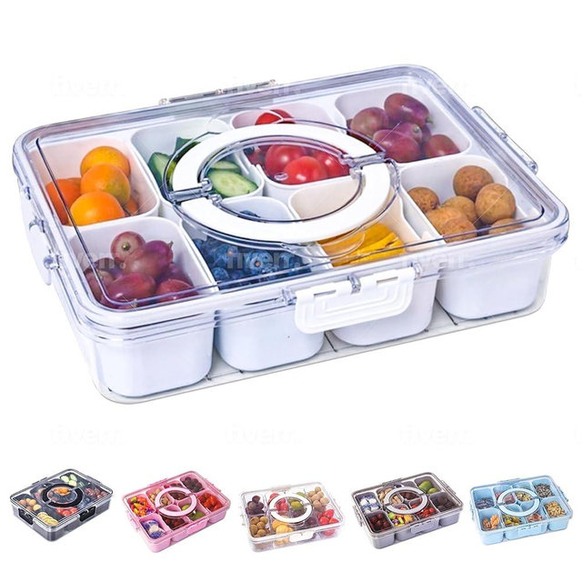 KEYVOZ Snackle Box Container with Lid- Travel Charcuterie Box with Handle - Organizer for Candy, Fruit, Nuts, Veggies, Snacks, Beach Essentials, Portable Lunch Box (Bright White, Large)