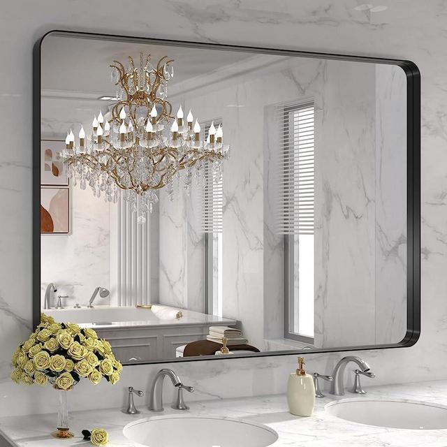 LOAAO 48X32 Inch Black Metal Framed Bathroom Mirror for Wall, Matte Black Bathroom Vanity Mirror Farmhouse, Large Rounded Rectangle Mirror, Anti-Rust, Tempered Glass, Hangs Horizontally or Vertically