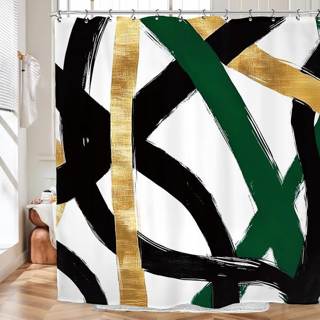 Kalmico Abstract Emerald Green Black Gold Shower Curtain 72Wx72L Inch Modern Minimalist Contemporary Geometric Line Bathroom Set Accessories Decor with 12 Pack Hooks
