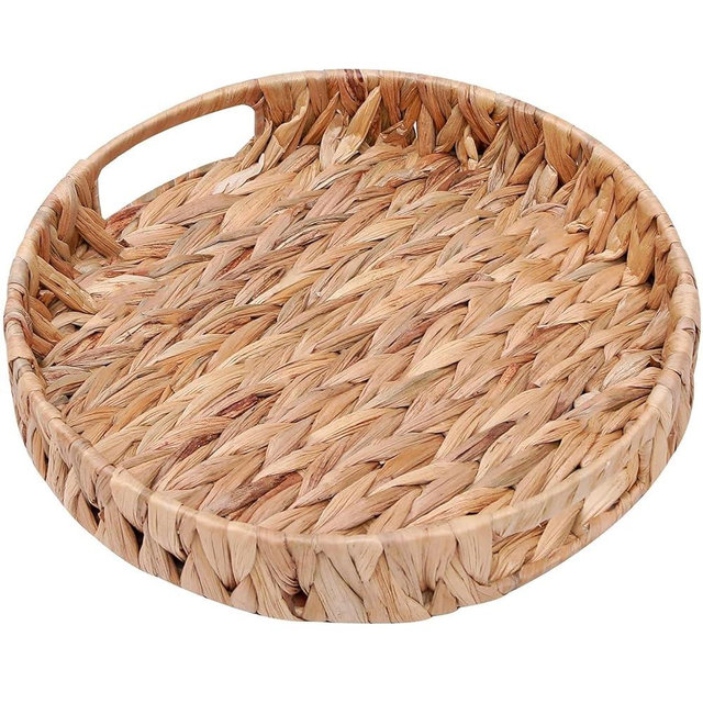 Coffee Table Tray Round Ottoman Tray Woven Serving Trays with Handles,Water Hyacinth Storage Baskets Wicker Serving Traysfor Home and Kitchen Decorative (11.8inch x1.9 inch)