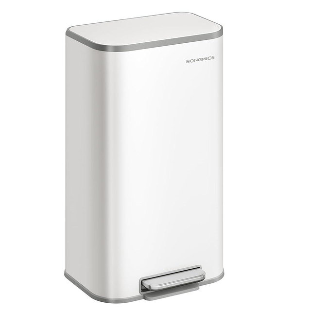 SONGMICS Kitchen Trash Can, 8-Gallon (30 L) Garbage Can with Lid, Stainless Steel, Soft Close and Stays Open, Inner Bucket, Wide Non-Slip Pedal, Cloud White ULTB546W01
