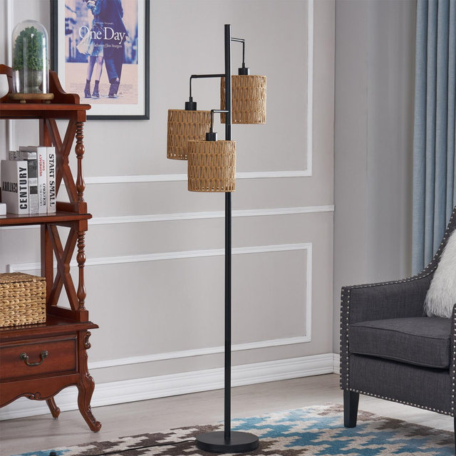 Maxax 65" Boho Rattan Floor Lamp for Living Room, 3 Lights Farmhouse Tree Standing Lamp for Bedroom