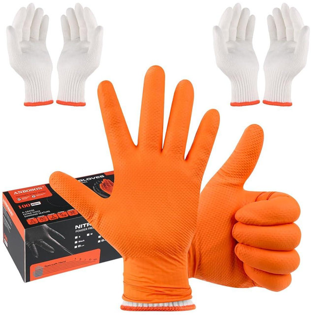 ANBOSON BBQ Gloves for Grilling Disposable Heat Resistant - 100 Nitrile Gloves + 4 Reusable Cotton Liners for Cooking Smoker -Orange Large