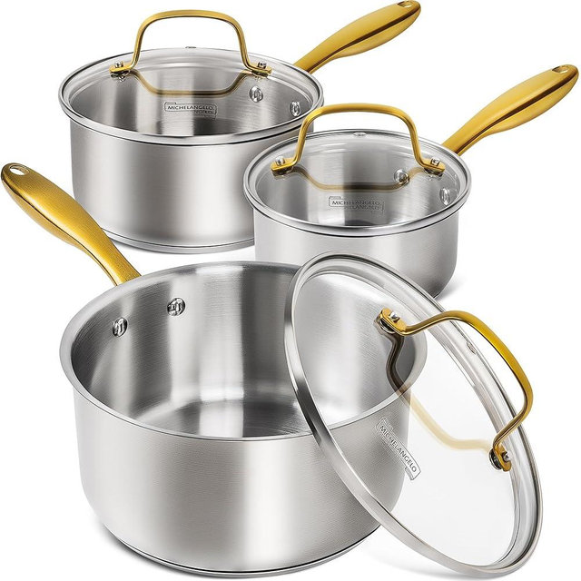 MICHELANGELO Stainless Steel Saucepan Set 1QT & 2QT & 3QT, Stainless Steel Pot Set, Stay-Cool Golden Handles, Induction Saucepan with Lids, Dishwasher Safe - 6Pcs