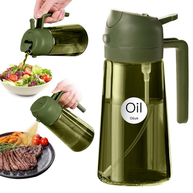 YARRAMATE 16oz/470ml Dark Green Oil Sprayer for Cooking with Stickers, Food-grade Premium 2 in 1 Olive Oil Dispenser Bottle for Kitchen Gadgets, Air Fryer, Salad, Frying, BBQ (OliveGreen)