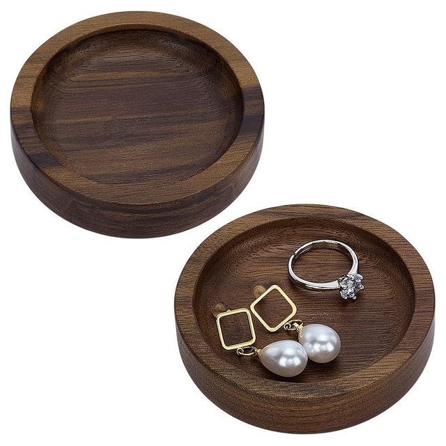 FINGERINSPIRE 2 PCS Walnut Wood Ring Trays 2.76inch Diameter Flat Round Jewelry Plates Coconut Brown Trinket Dish Tray for Rings Necklaces Earring Jewelry Keys Small Items Display Storage