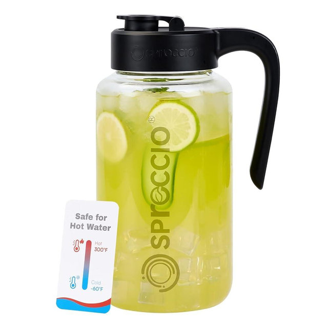 Spreccio Borosilicate Glass Pitcher with Lid, 64 oz Mason Jar Pitcher Pour Spout Lid Airtight Leak-proof, Sun Tea Glass Jar for Outside, Breastmilk, Cold Brew, Coffee and Iced Tea