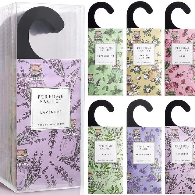 ROSE COTTAGE Large 12 Packs Hanging Closet Deodorizer Air Freshener Scented Sachets Long Lasting Smell Goods 6 Scents Option - Lavender, Linen, Cotton, Mint, Jasmine, Rose