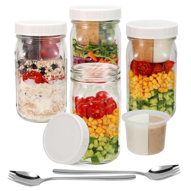 4 Pack Glass Salad Mason Jars with Lids Meal Prep- Mason Jars 32 oz Salad Container for Lunch With Fork-Leak-proof & Separate Compartments for Dressing and Dry Ingredients- Food Grade,PFAS BPA Free