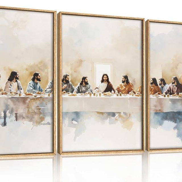 DRACIT Large Watercolor Jesus Last Supper Scene Framed Canvas Wall Art Set,Jesus and Twelve Apostles Wall Decor,Christmas Religious Bible Story Artwork for Living Room,Bedroom,Church-16 x24 x3