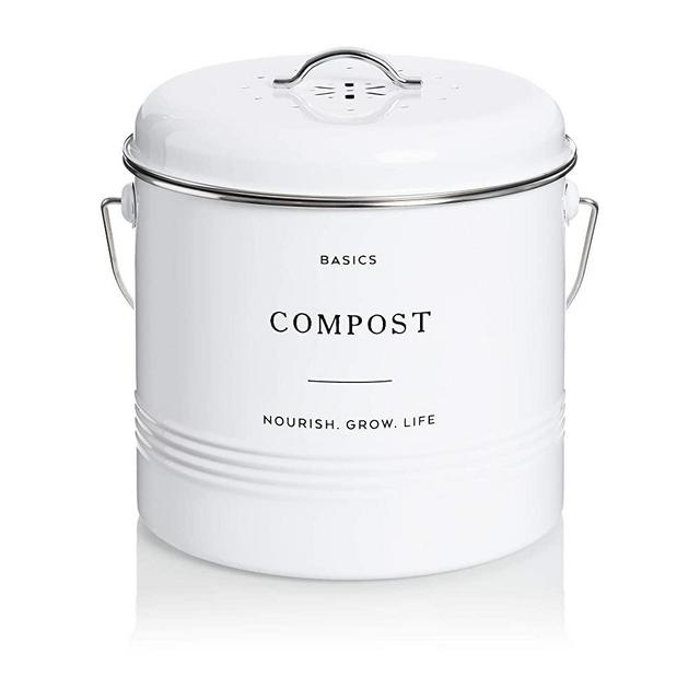 D'Lifeful Farmhouse Compost Bin Indoor Kitchen - Sealed with Airtight Lid - 1.3 Gallon Carbon Steel Compost Pail with Charcoal Filter - Stylish, White