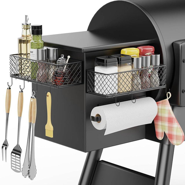 Ormeli 2 Pack Magnetic Storage Bin for Traeger Smoker Grill Caddy, Grill Basket with Paper Towel Holder for Some Models of Traeger/Pit Boss/Z Grill Smoker Accessories, Griddle Caddy for Outdoor Grill