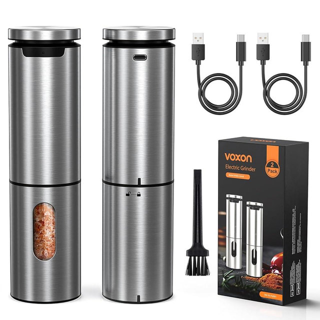 VOXON Electric Salt and Pepper Grinder Set Rechargeable Stainless Steel, LED Light, 100ml Capacity, 5 Levels Adjustable Coarseness, Automatic Salt and Pepper Grinder Set One Handed Operation (2 Pack)