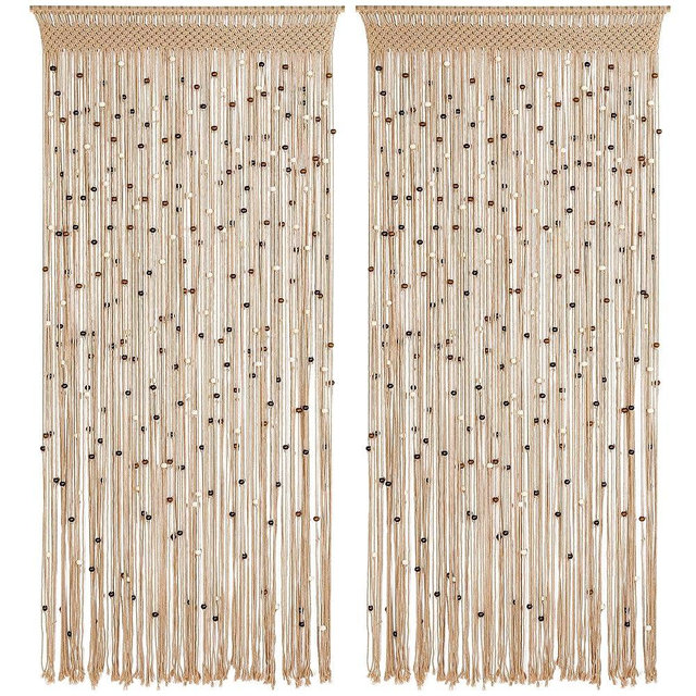 BECHAEO Macrame Beaded Curtain Boho Handmade Cotton Door String Curtain for Doorway Window Wooden Beads Hanging Hippie Room Divider Closet Bedroom Privacy Decor, 2 Panels 79" x 35"