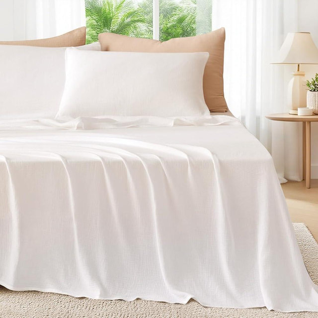 LUTBM Sheets Queen Size Bed Set Cotton Bed Sheets Gauze 4 Pcs White Sheet Set 16" Deep Pocket Sheet & Pillowcase Sets Boho Muslin Sheets Soft Queen All Season Bedding Sets