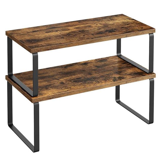 SONGMICS Cabinet Organizer Shelf, Set of 2 Kitchen Counter Shelves, Kitchen Storage, Spice Rack, Stackable, Expandable, Metal and Engineered Wood, Black and Rustic Brown UKCS200X01