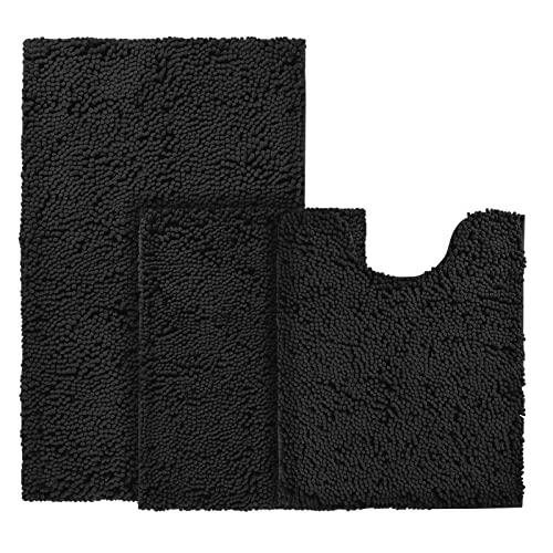 BYSURE Black Bathroom Rug Set 3 Piece Non Slip Extra Absorbent Shaggy Chenille Bathroom Mats and Rugs Sets, Soft & Dry Bath Rug/Mat Sets for Bathroom Washable Carpets Set