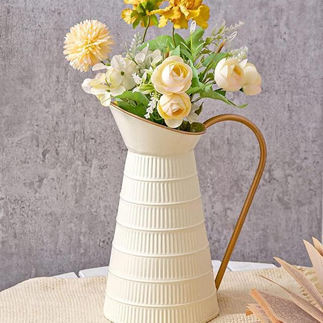 Elegant Cream/White Metal Pitcher Vase, Farmhouse Galvanized Flower Vase, Rustic Decorative Milk Jug for Home Decor, 10.8''H