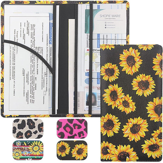 LumiMokki Car Registration and Insurance Card Holder, Premium Leather Registration and Insurance Card Holder,vehicle Glove Box Car Organizer,with Magnetic Shut for Cards, Driver License (Sunflower B)