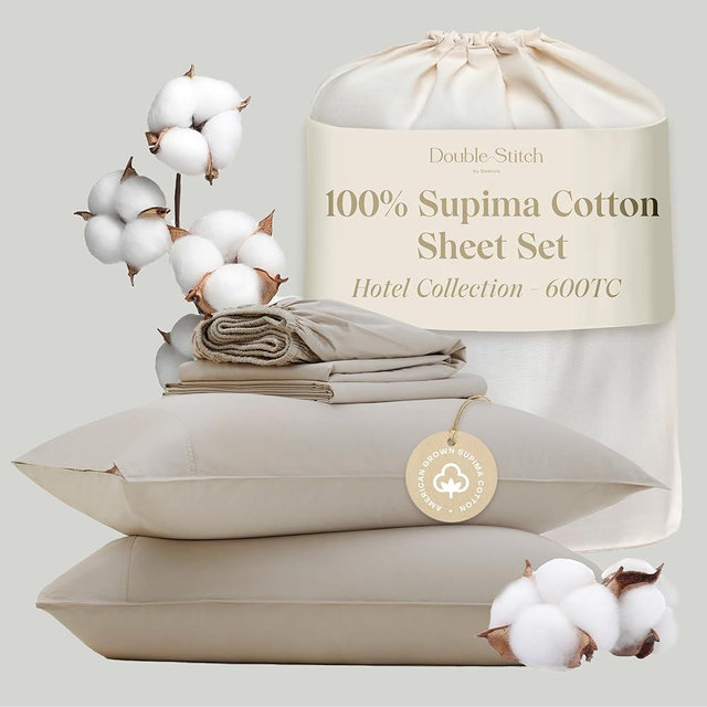Double Stitch 100% American Supima Cotton Sheet Set - 600 Thread Count Sateen Weave Sheets Cal King Size, Hotel Luxury Long Staple Cotton Bedding Set, Deep Pocket Up to 16'', Oat