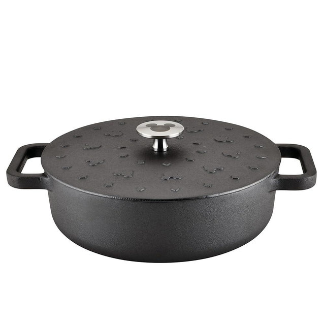 Farberware Disney Monochrome Pre Seasoned Cast Iron Shallow Casserole Pan with Lid, 3 Quart - Black