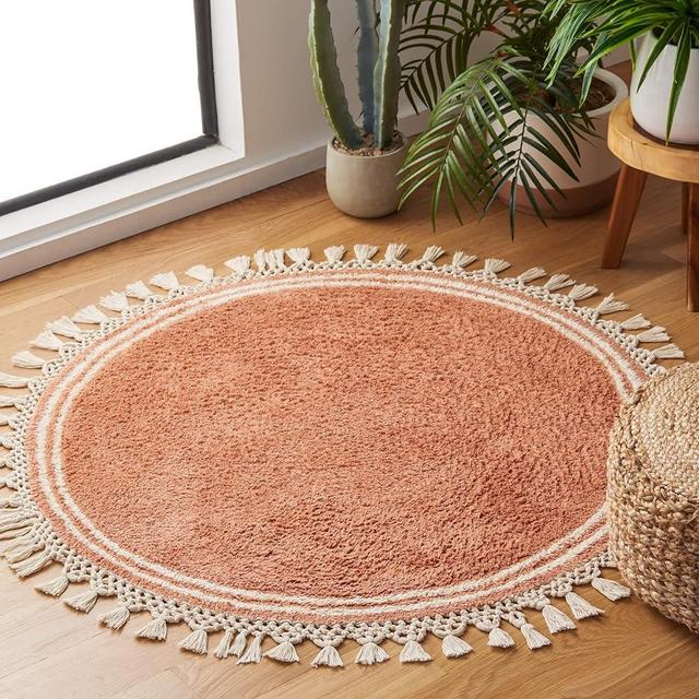 SAFAVIEH Washable Rug Easy Care Collection - 5' Round, Rust & Ivory, Handmade Cotton, Easy to Clean, Ideal for Living Room, Bedroom, Dining Space (ECR201P)