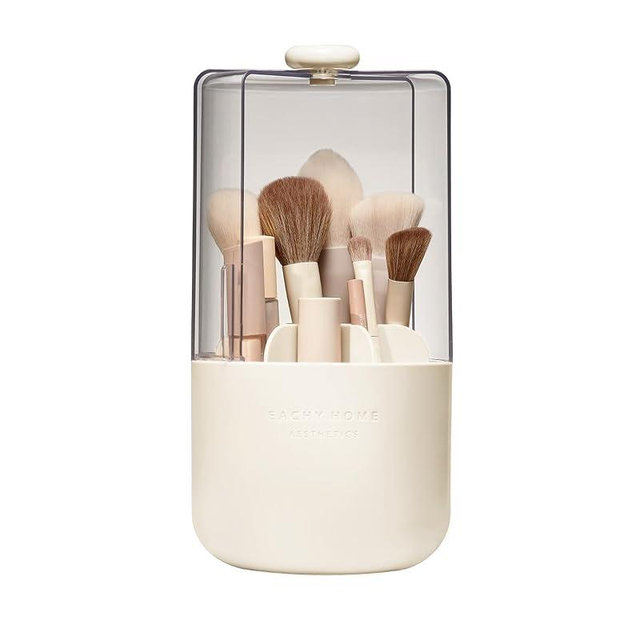 EACHY Makeup Brush Holder with Lid, 360° Rotating Vanity Organizer for Brushes, Dustproof Cosmetic Display Case, 7 Compartments, Waterproof Plastic (Beige)