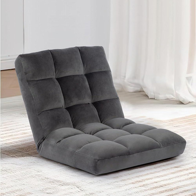 HOMYEDAMIC Floor Chair, 24 inches Wide Oversized Velvet Armless Lay Flat Floor seat Padded Meditation Chair with 6 Adjustable Position Ergonomic Comfortable Convenient(LRSF-011-GREY)