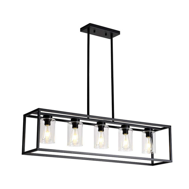 XILICON Dining Room Lighting Fixture Hanging Farmhouse Black 5 Light Modern Pendant Lighting Contemporary Chandeliers with Glass Shade for Living Dining Room Bedroom Kitchen Island