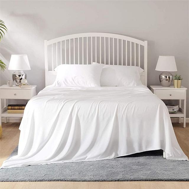 Bedsure 100% Bamboo Sheets Queen Size Cooling Sheets Deep Pocket Bed Sheets-Super Soft Hypoallergenic,Breathable - 4 Pieces 1 Fitted Sheet with 14 Inches, 1 Flat Sheet, 2 Pillowcases-White