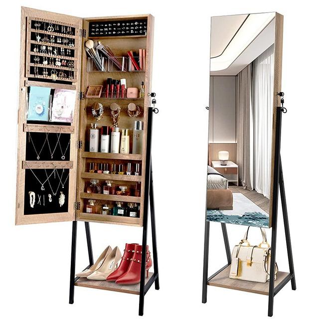 LVSOMT Free Standing Jewelry Cabinet with Body Dressing Mirror, Large Capacity Storage Armoire, Full Length Vanity Makeup Mirror, Lockable Organizer with PVC Bags, Acrylic Box, Shelves, Tray