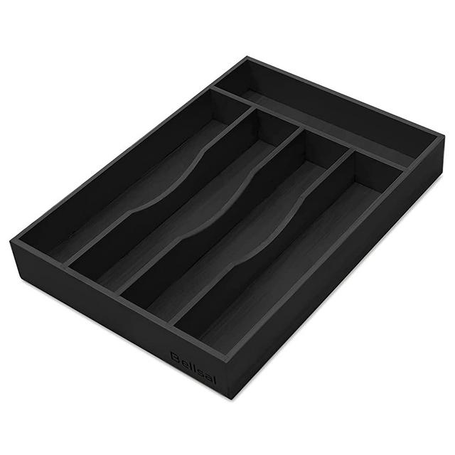 Bellsal Black Utensil Organizer 10 Inch Silverware Tray for Drawer Utensil Holder Cutlery Organizer Kitchen Drawer Organizer 5 Compartment Small Narrow Bamboo