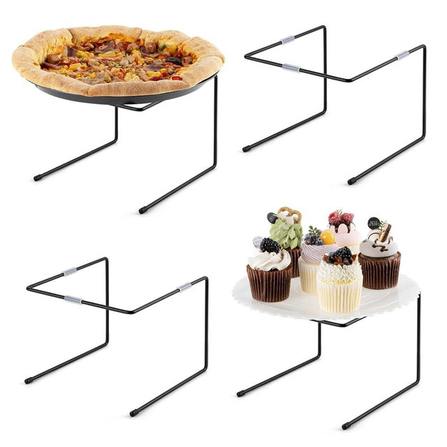 PUERSI 4 PCS Pizza Stand Holder with Non-Slip Pads, Black Metal Pizza Pan Display Stands, Food Platter Riser Serving Tray for Party Wedding