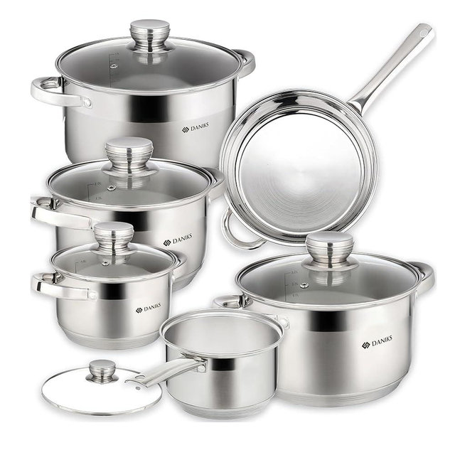 Daniks Standard 11-Piece Stainless Steel Cookware Set with Glass Lids, Includes Saucepan with Lid and Frying Pan, Tri-Ply Bases for Even Heating, Induction Compatible, Dishwasher Safe, Silver