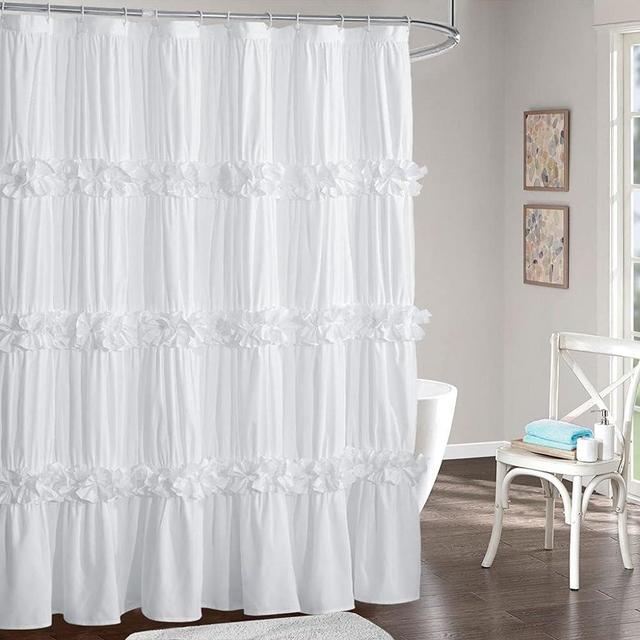 Homechoice Decor Victorian Ruffle Shower Curtain, Vintage Handcrafted Bow Tie Bath Curtain for Master Bathroom, Ruched Microfiber Bathroom Curtain with 12 Buttonholes, 72" W x 84" H, White (LQ-10)