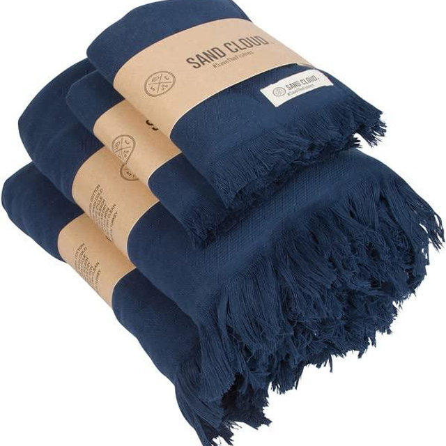 Sand Cloud Turkish Bath Towels Bundle for Bathroom, Set of 4 (Terra Navy) - Large Size - 100% Certified Organic Cotton Yarn is Lightweight, Soft & Absorbent - Premium Bath & Hand Towels Dry Faster