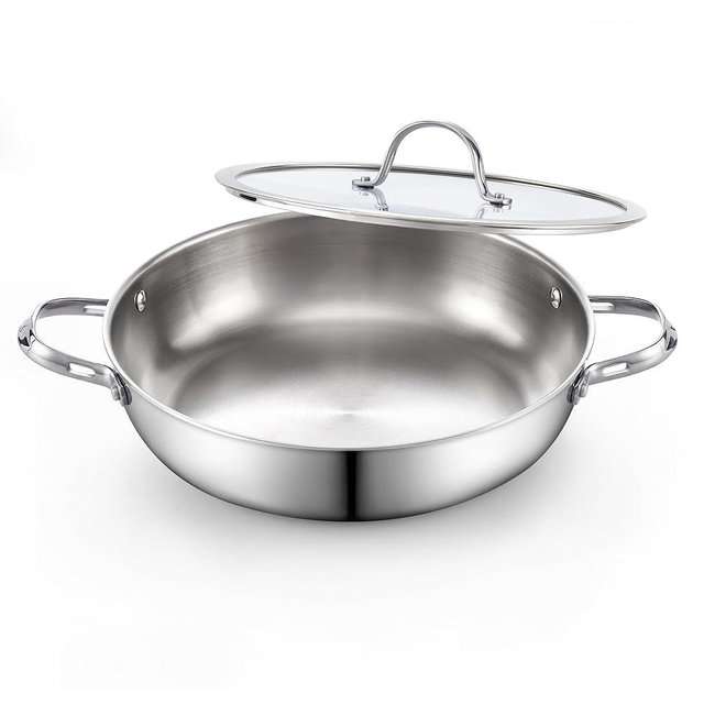 Cooks Standard Multi-Ply Clad Stainless Steel Wok Stir Fry Pan with Glass Lid, 12-inch large Stainless Steel Deep Frying Pan, Everyday Chef's Pan Flat Bottom Wok Induction Cookware