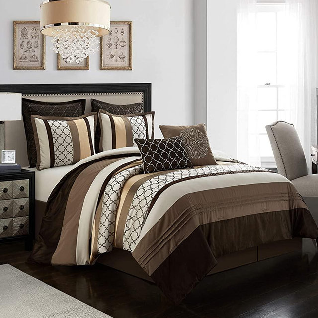 Stratford Park Bedding Striped Pintuck 8-Piece Comforter Set, Brown, Queen (AVALON8-Q-BRWN-PU1)