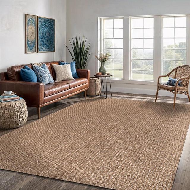 Lena Rug Easy Jute Rug 8x10, Indoor Outdoor Natural Color Farmhouse Area Rugs for Living Room, Kitchen Rug High Traffic Area, Washable Easy to Clean Solid Boho Woven Design Outside Carpet