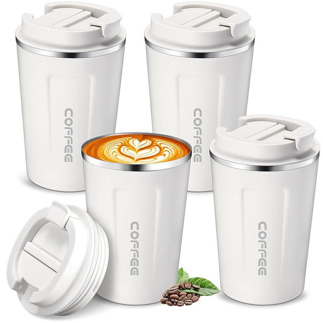 4 Pieces 13 oz Insulated Coffee Travel Mug with Leakproof Lid Stainless Steel Coffee Cup Portable Tumbler Reusable Coffee Mugs for Keep Hot Cold Coffee Milk Tea and Beer (White)