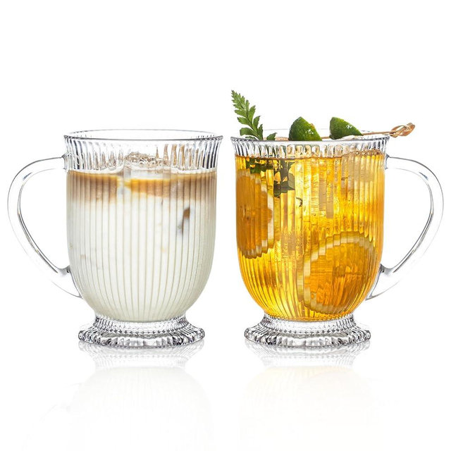 KEMORELA Ribbed Glass Coffee Mug Set, 16oz Clear Glass Mugs with Handle, Coffee Bar Accessories, Durable Drinkware for Hot Beverages, Set of 2 Coffee Mugs