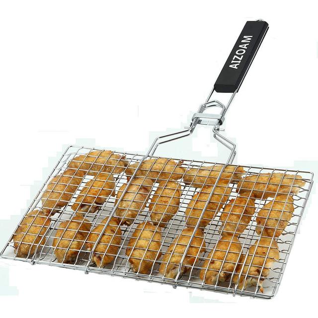 AIZOAM Portable Stainless Steel BBQ Barbecue Grilling Basket for Fish,Vegetables, Steak,Shrimp, Chops and Many Other Food .Great and Useful BBQ Tool.-【Bonus an Additional Sauce Brush】.