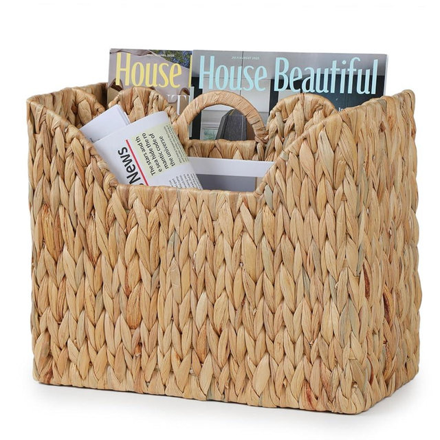 YANGQIHOME Wicker Magazine Holder, Handwoven Water Hyacinth Magazine Basket, Scalloped Book Basket with Handle, Divided Magazine Rack for Office, Bathroom, Living Room
