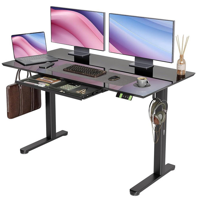 INNOVAR Glass Standing Desk with Drawers, 55×24 Inch Adjustable Stand Up Desk, Quick Install Home Office Computer Desk, Black