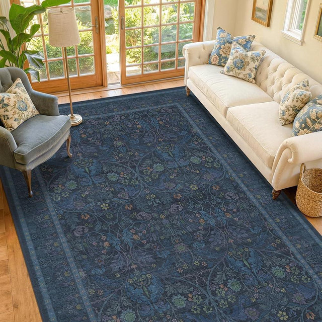 6x9 Rugs for Dining Room Under Table, Low Pile Soft Soft Rugs for Bedroom, Floral Washable Carpet Living Room Non Slip, Dark Blue Victorian Mats