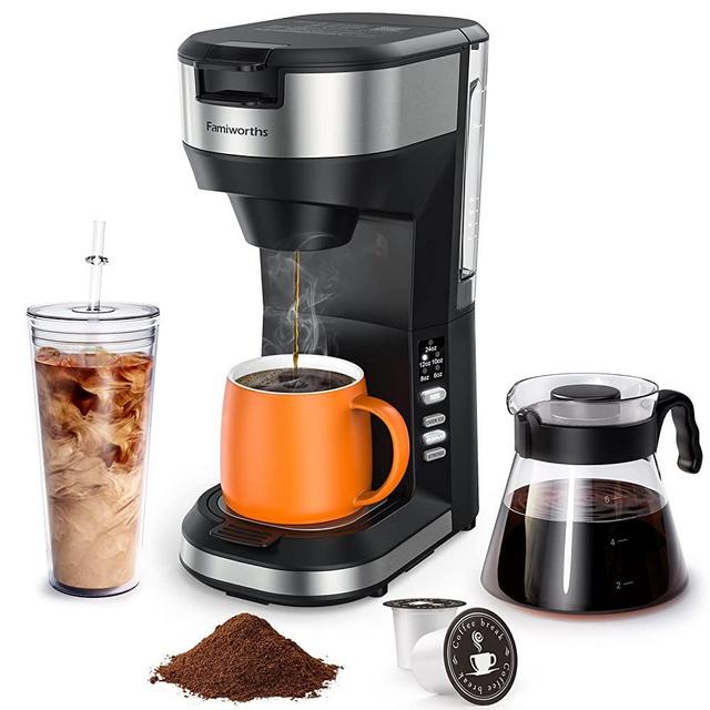 Famiworths Iced Coffee Maker Machine, Single-serve Brewers and 4-5 Cups Coffee Pots, Compatible with K Cup Pods and Ground Coffee, with 30Oz Removable Water Reservoir, 6 to 24Oz Cup Size, Black