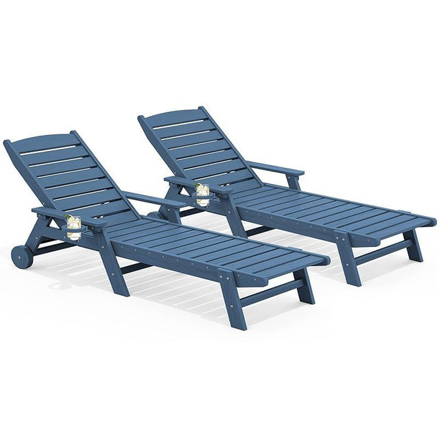 SERWALL Patio Chaise Lounge Chair Set of 2, 78'' Long 5-Positions Adjustable HDPE Outdoor Lounger for Pool, Poly Lounge Chair with Rolling Wheels & Cup Holder for Poolside, Deck, Blue